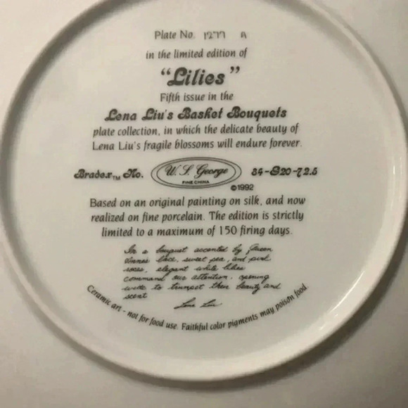 Lillies by Lena Liu collector plate 1993‎ basket bouquets - Picture 6 of 6